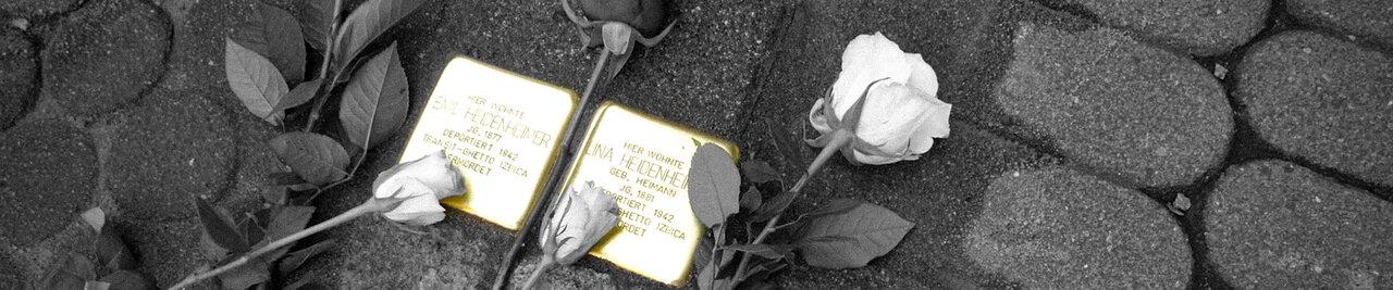 Detailaufnahme von zwei Stolperseinen mit niedergelegten Rosen, alles schwarzweiß bis auf die goldenen Erinnerungssteine